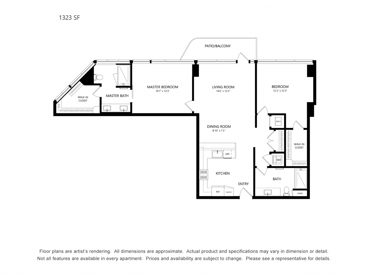 Floor plan for 2 beds, 2 baths, 1323 sqft